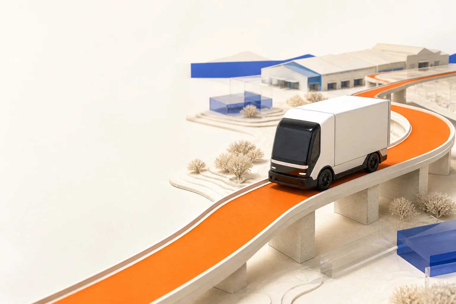 Editorial illustration of an autonomous truck on a logistics route