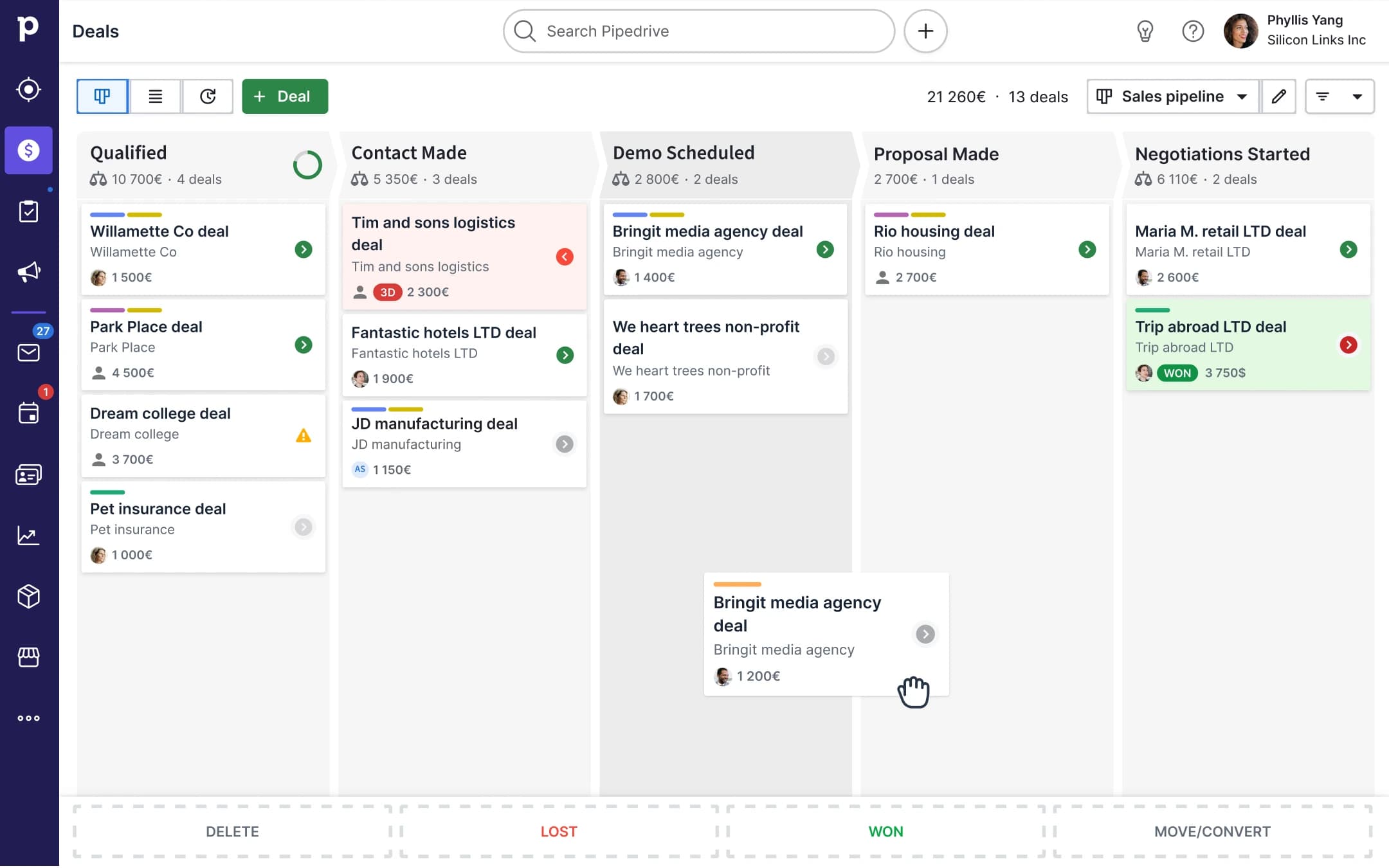 Tablero de oportunidades de Pipedrive organizado por etapas de ventas