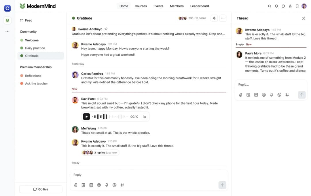 Conversación de ejemplo entre miembros en un espacio de comunidad de Circle