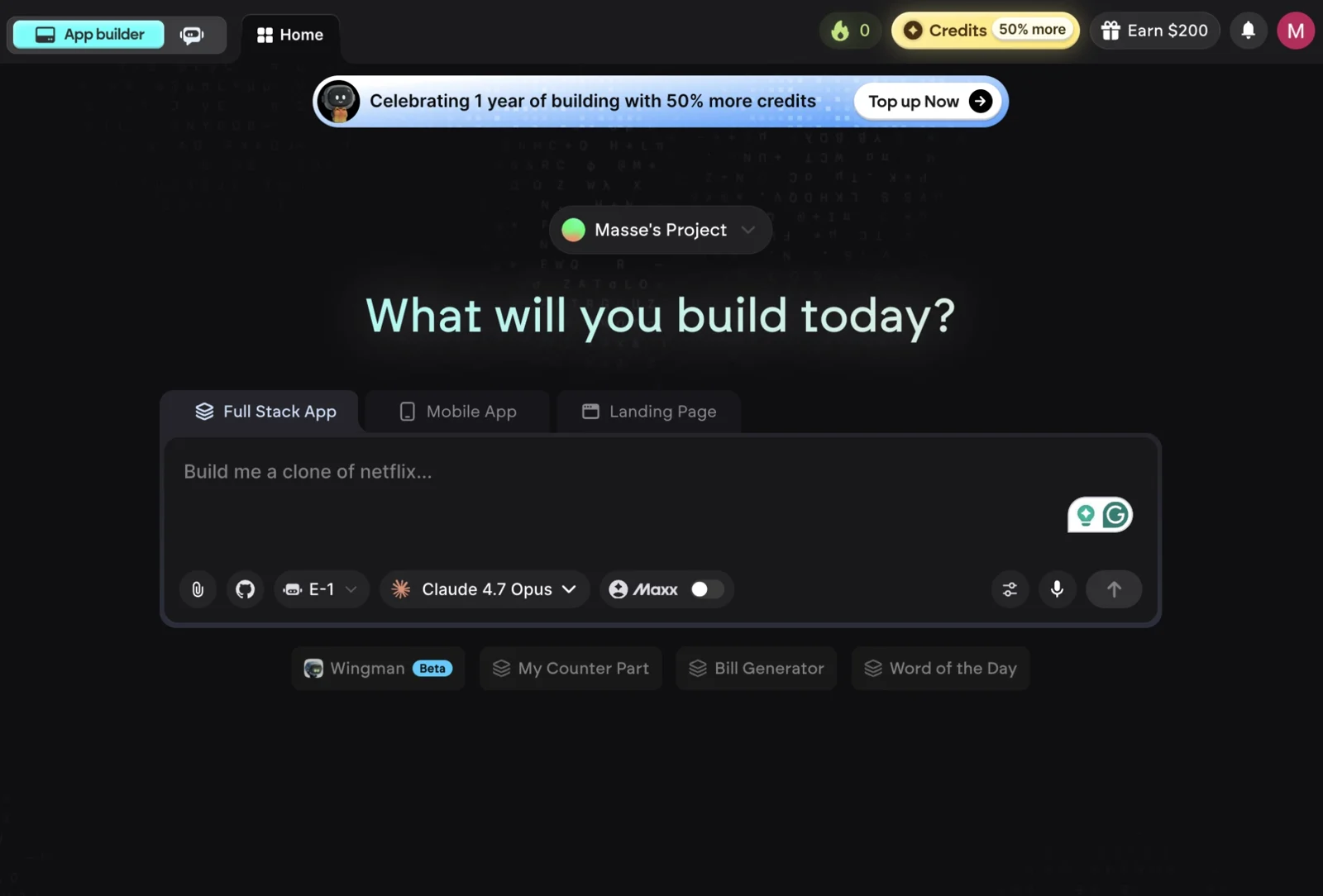 Pantalla inicial de Emergent con opciones para crear una app completa, una app móvil o una landing page