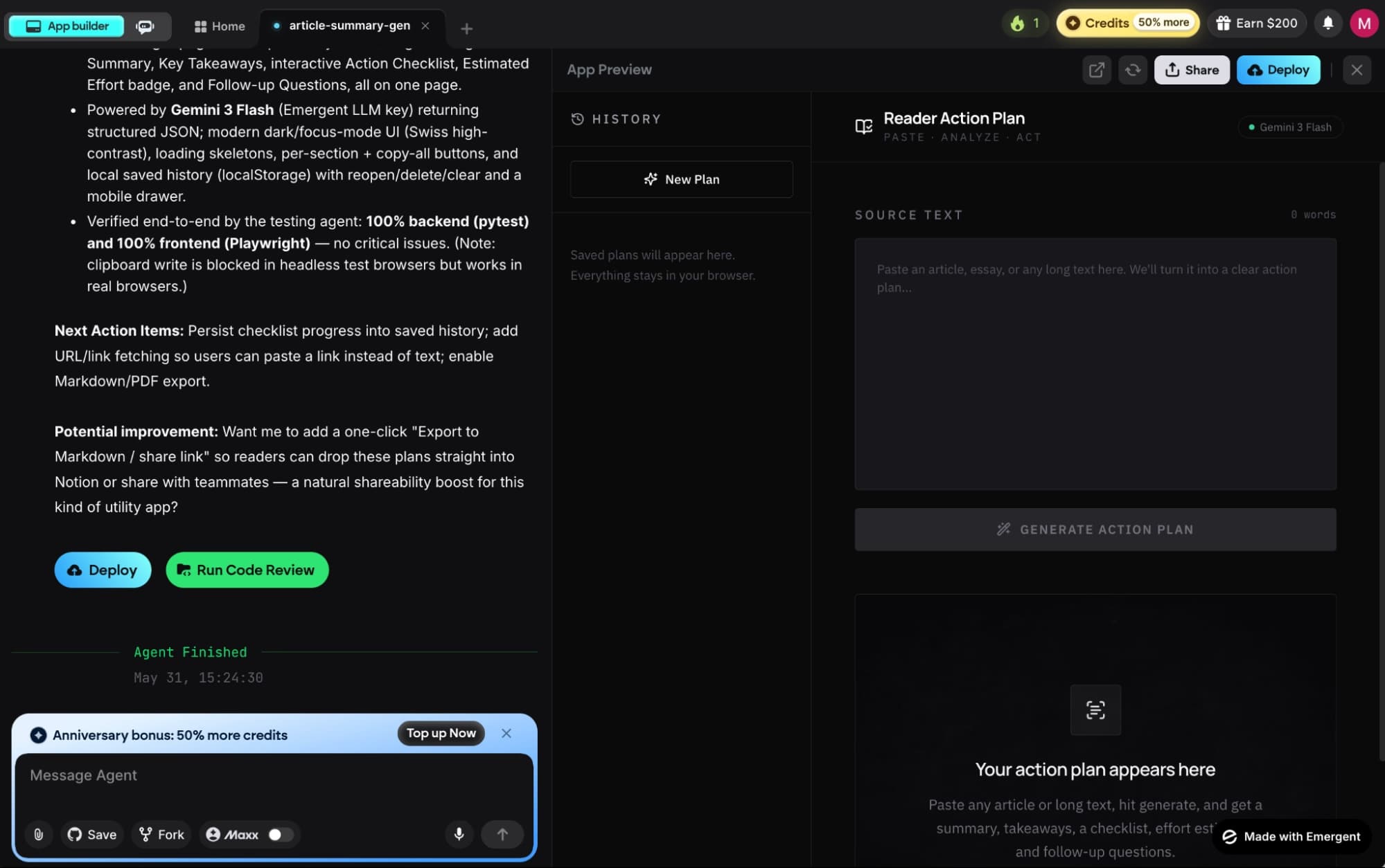 Vista del constructor de Emergent con panel de instrucciones y previsualización de una aplicación