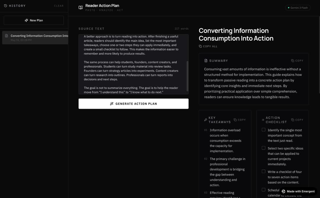 Aplicación de ejemplo construida con Emergent, con texto de entrada y plan de acción generado