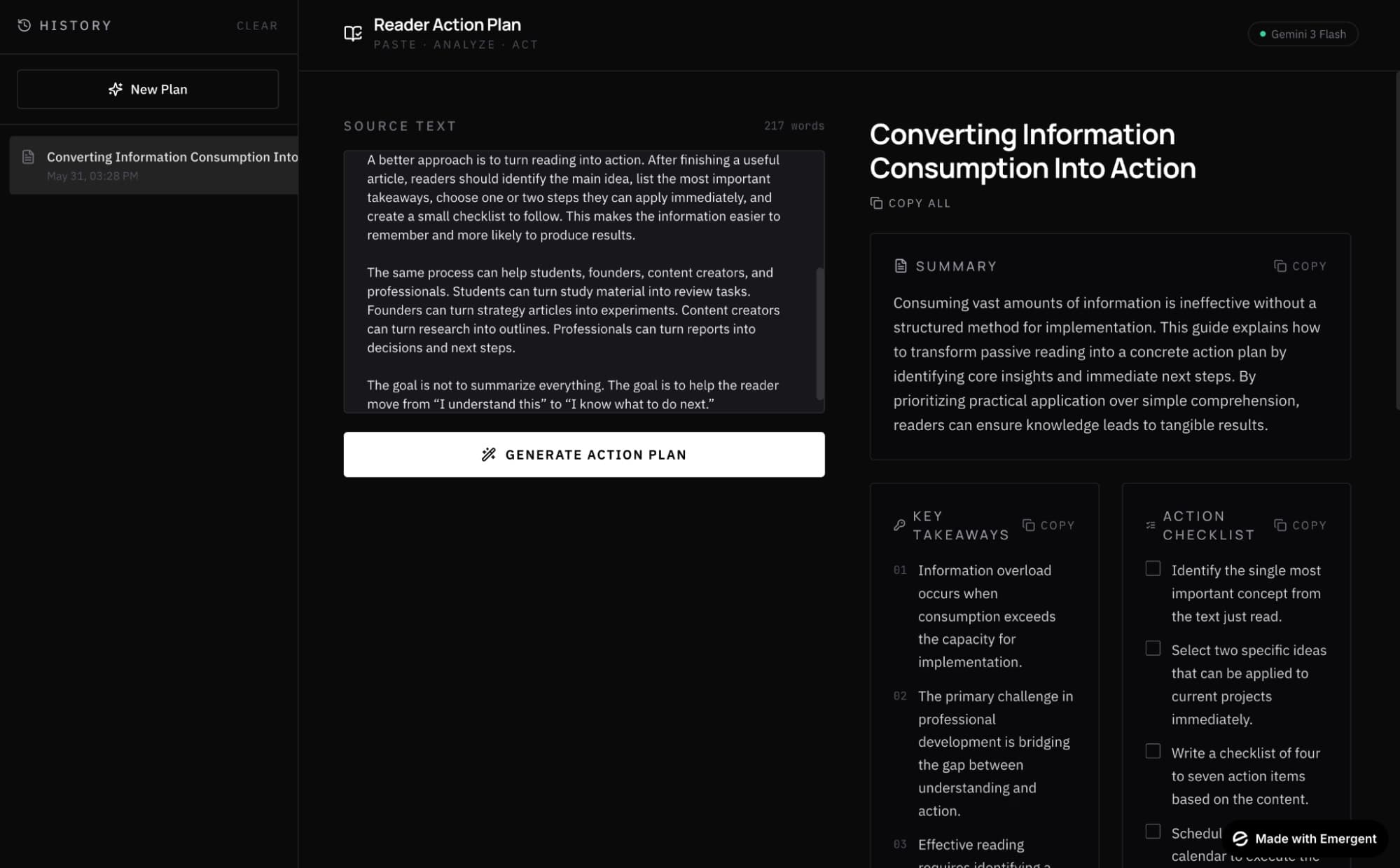 Aplicación de ejemplo construida con Emergent, con texto de entrada y plan de acción generado