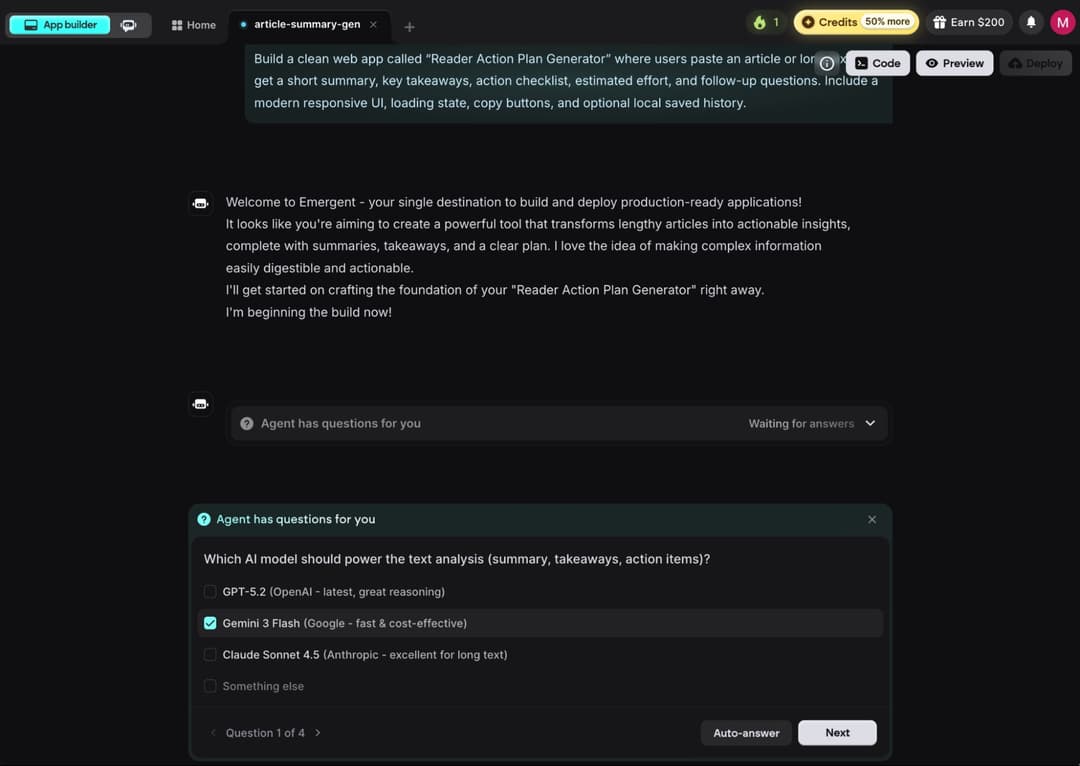 Emergent solicita detalles del modelo y la configuración antes de construir la aplicación