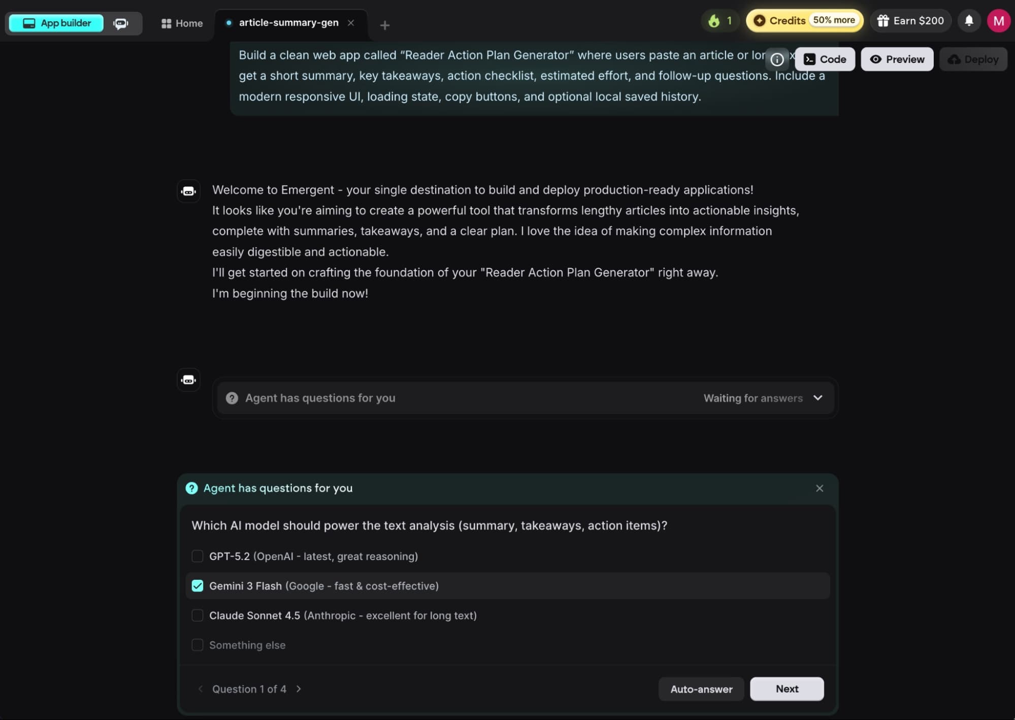 Emergent solicita detalles del modelo y la configuración antes de construir la aplicación