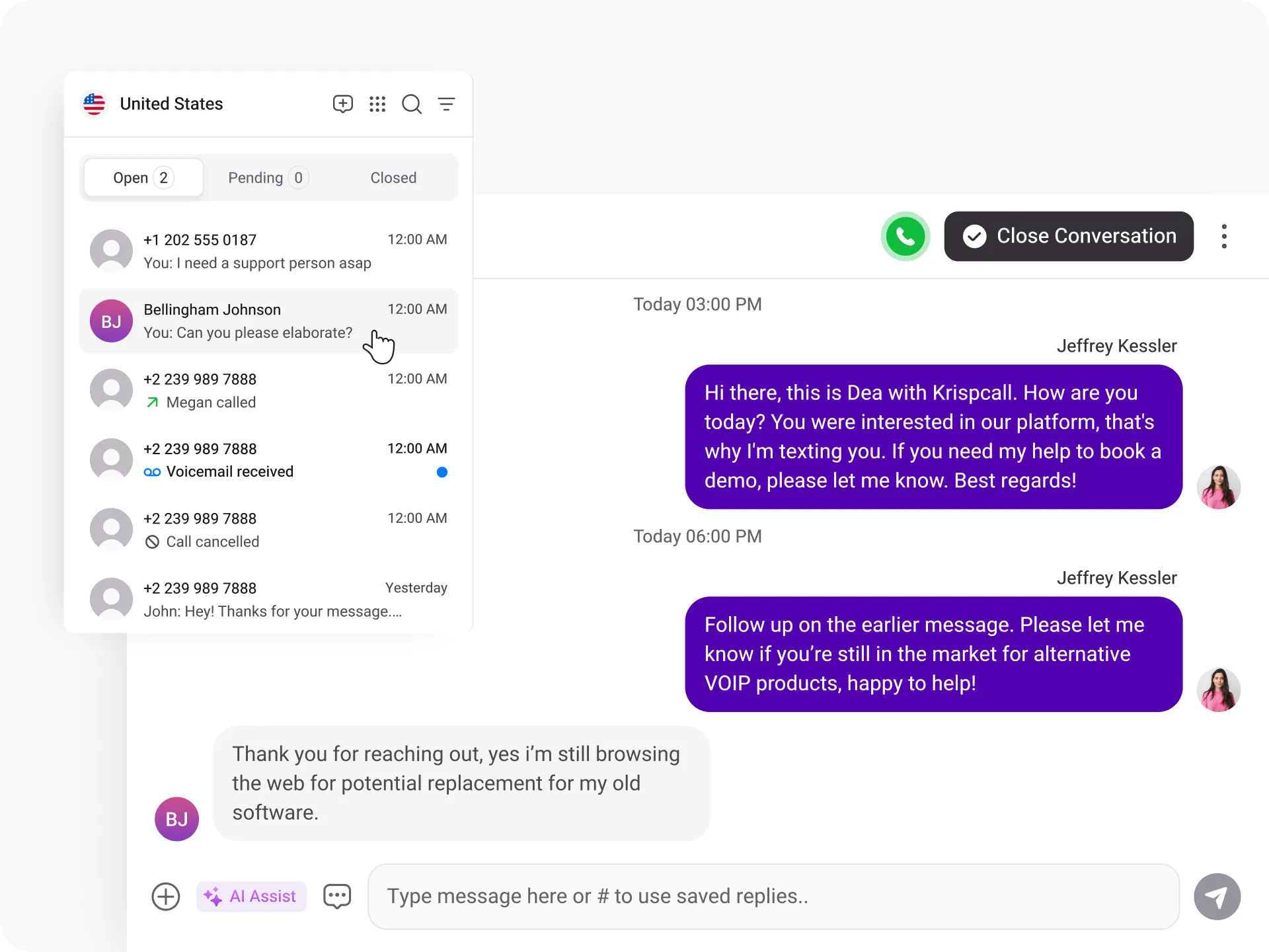Bandeja de conversaciones de KrispCall con llamadas y mensajes en una interfaz unificada