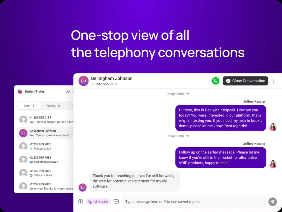 Conversación de ejemplo en KrispCall junto a una lista de llamadas y mensajes