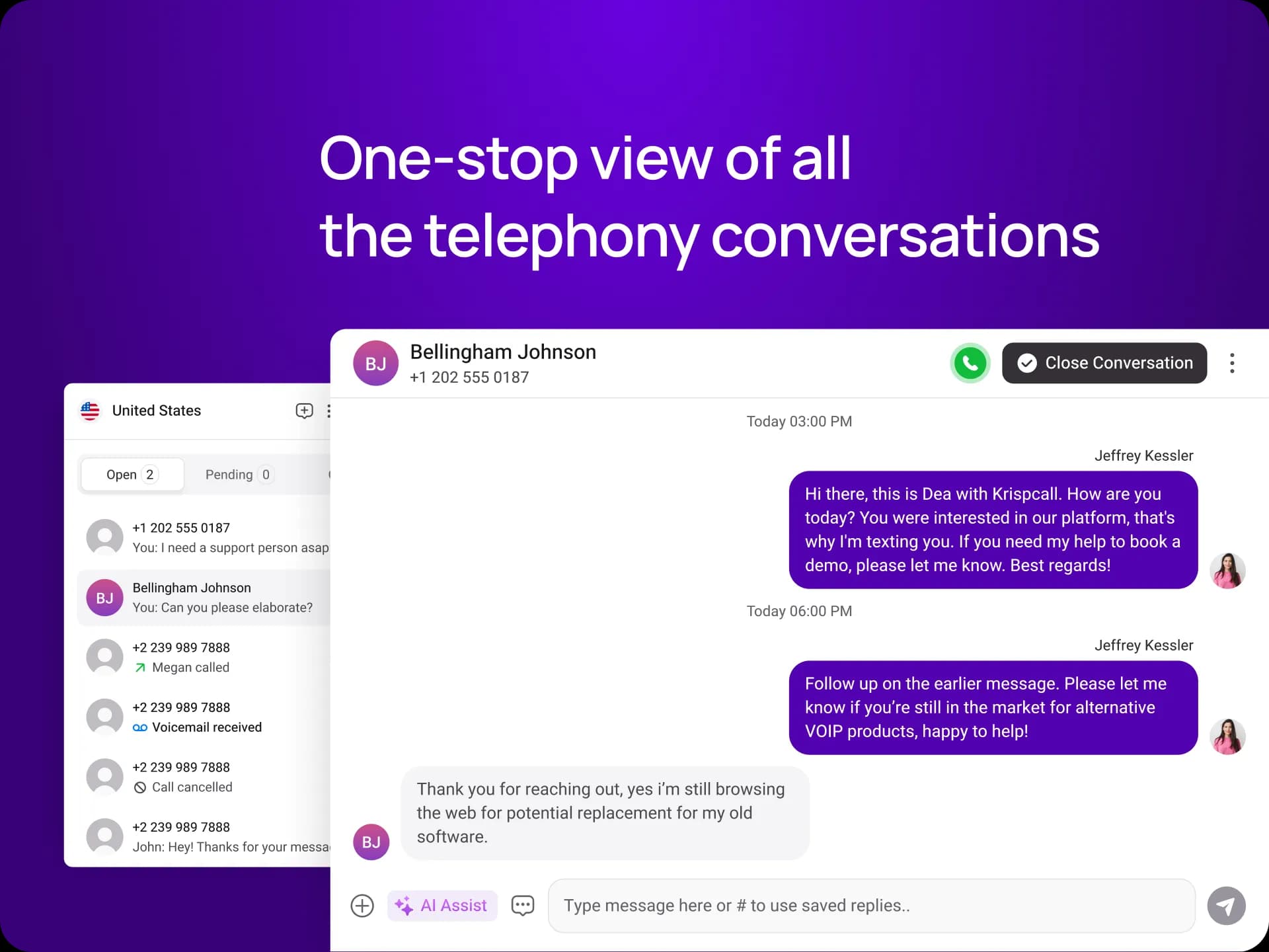 Conversación de ejemplo en KrispCall junto a una lista de llamadas y mensajes