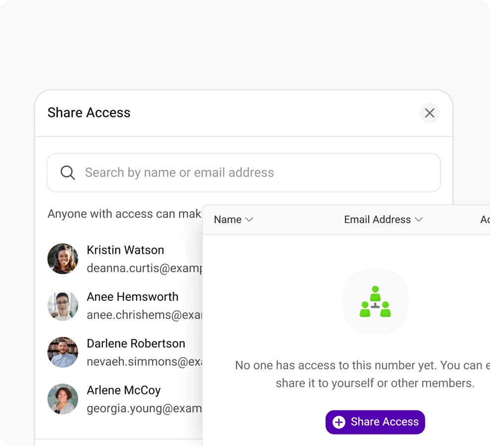 Pantalla de KrispCall para compartir acceso a un número con miembros del equipo