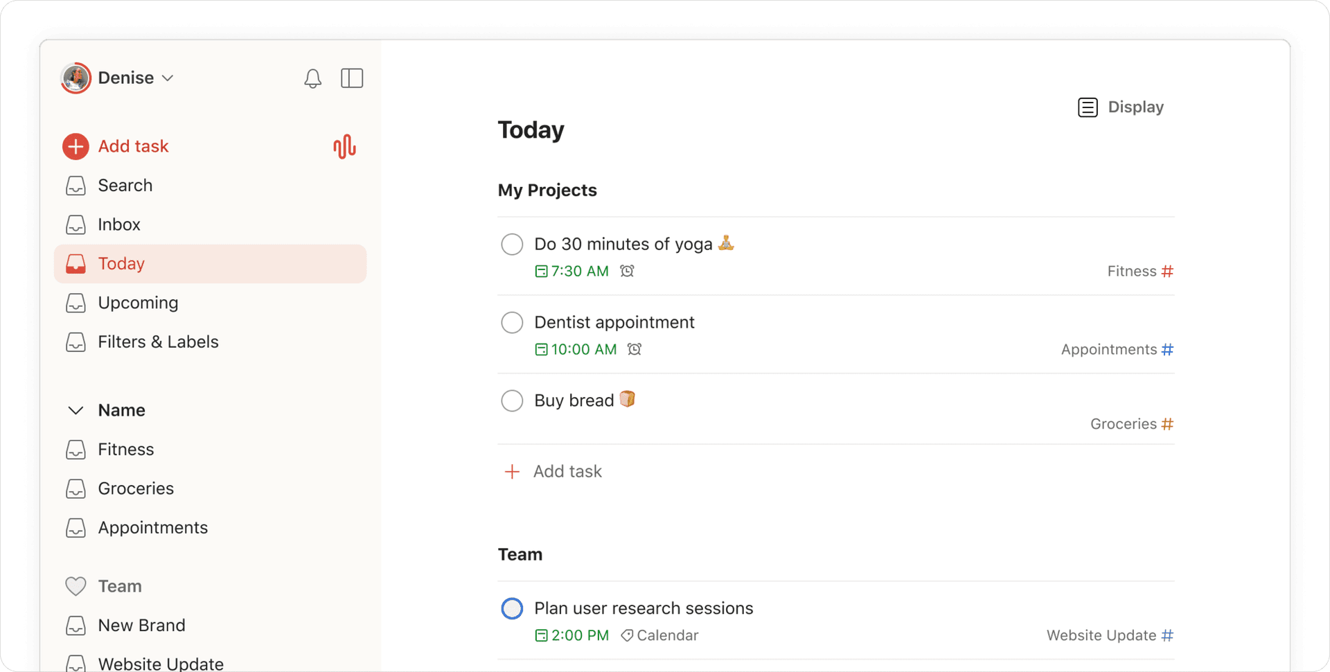 Vista Hoy de Todoist en escritorio con tareas, prioridades y navegación de proyectos
