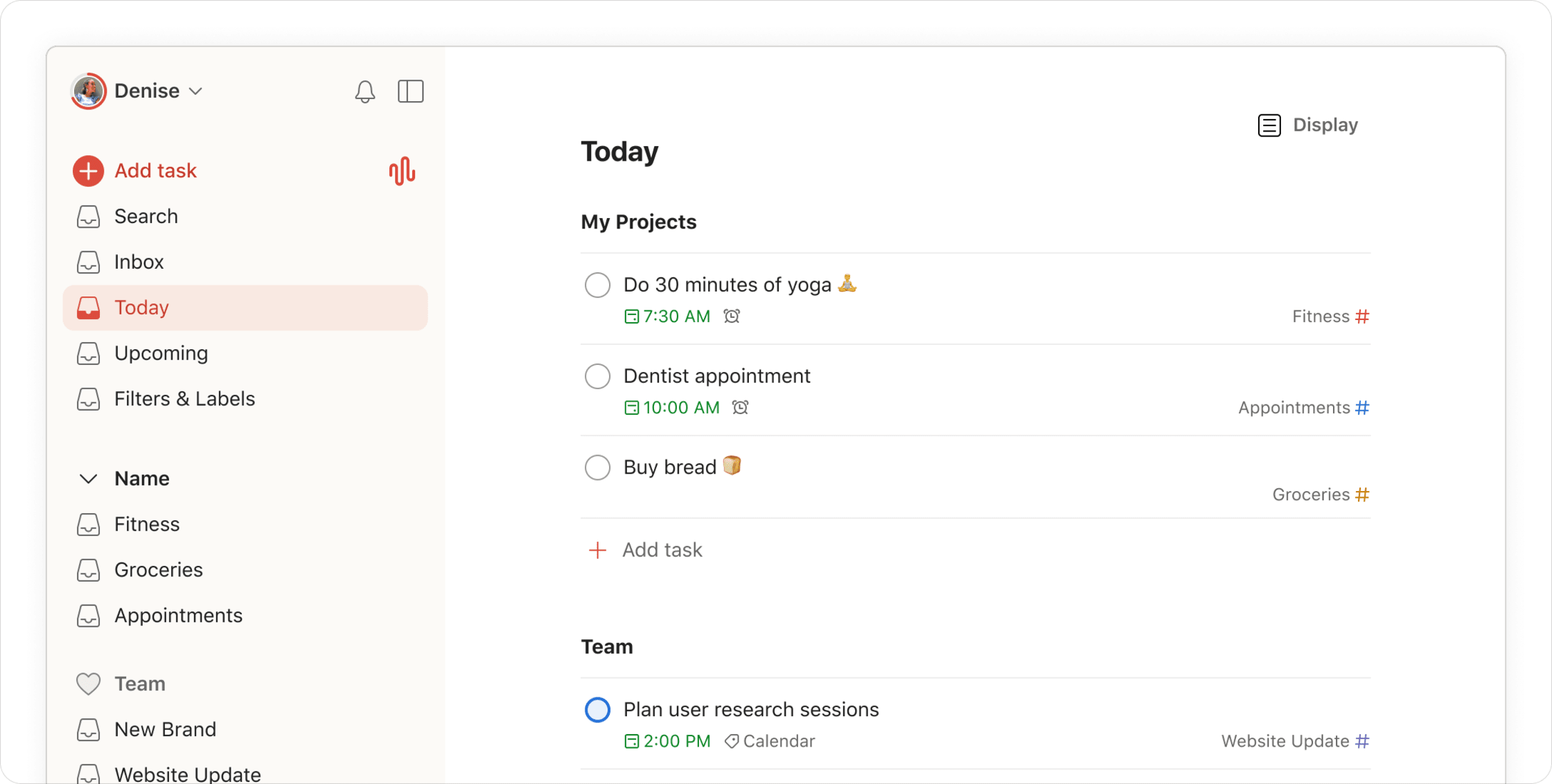 Vista Hoy de Todoist en escritorio con tareas, prioridades y navegación de proyectos