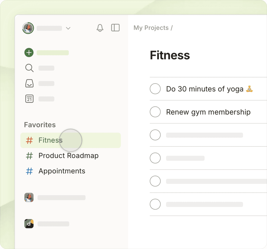Vista de proyectos de Todoist con una lista de tareas y proyectos favoritos