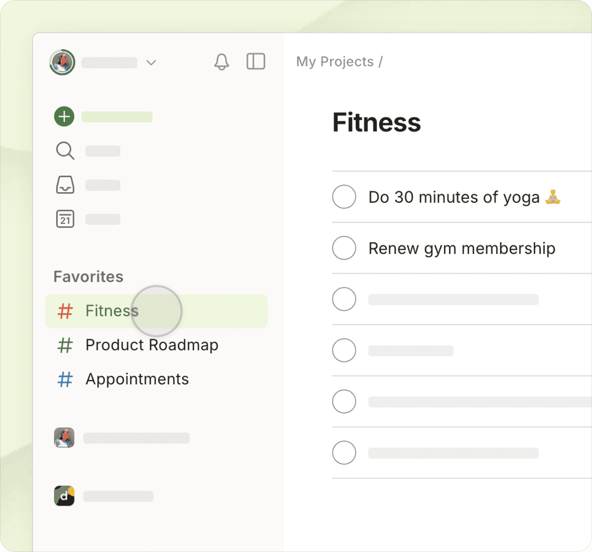 Vista de proyectos de Todoist con una lista de tareas y proyectos favoritos