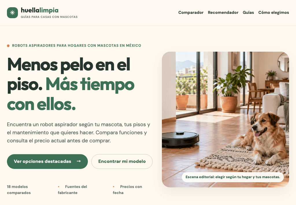 Captura real de la portada del prototipo Huella Limpia, con navegación al comparador y al recomendador