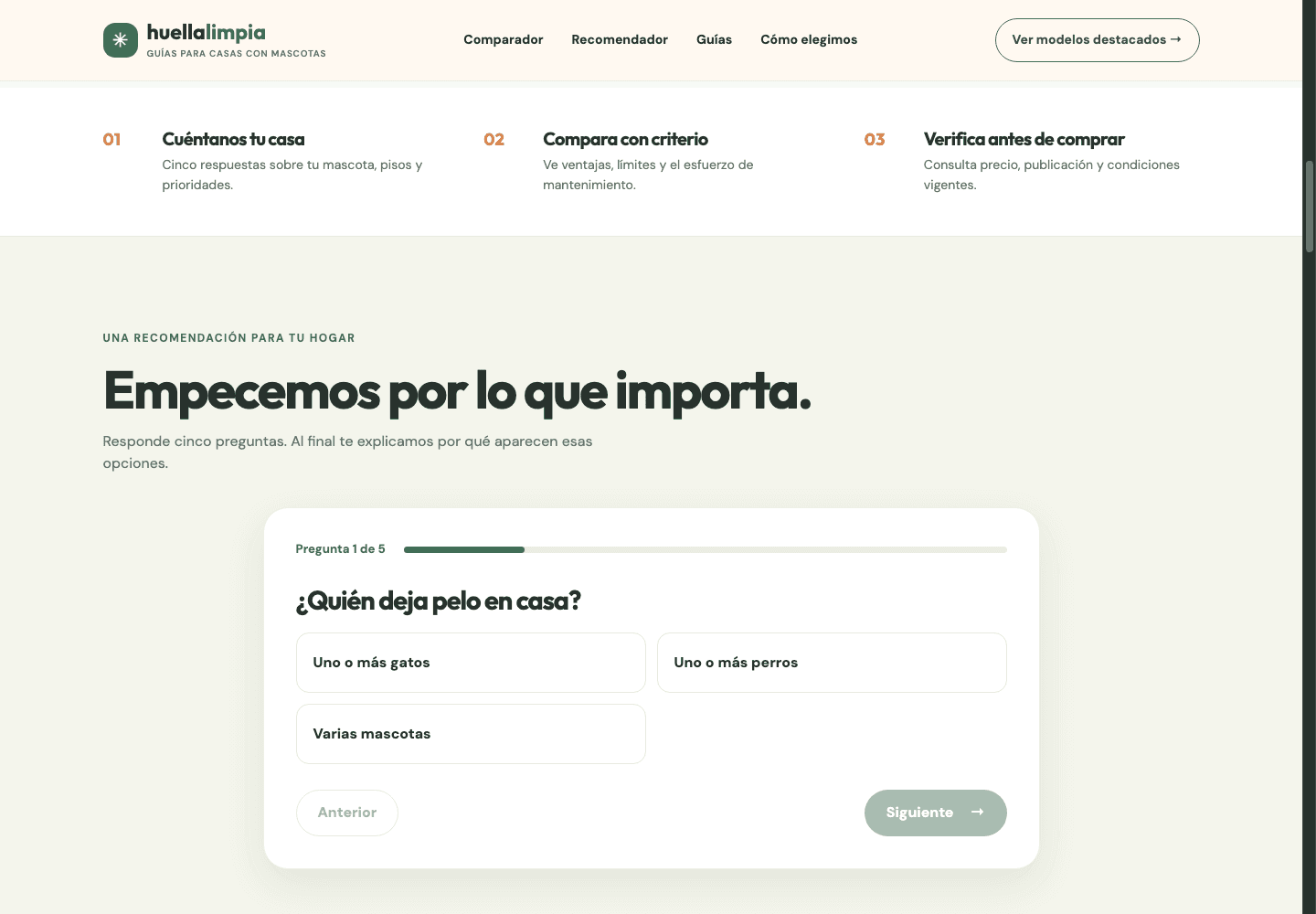 Captura real del recomendador de Huella Limpia con la primera pregunta sobre las mascotas del hogar